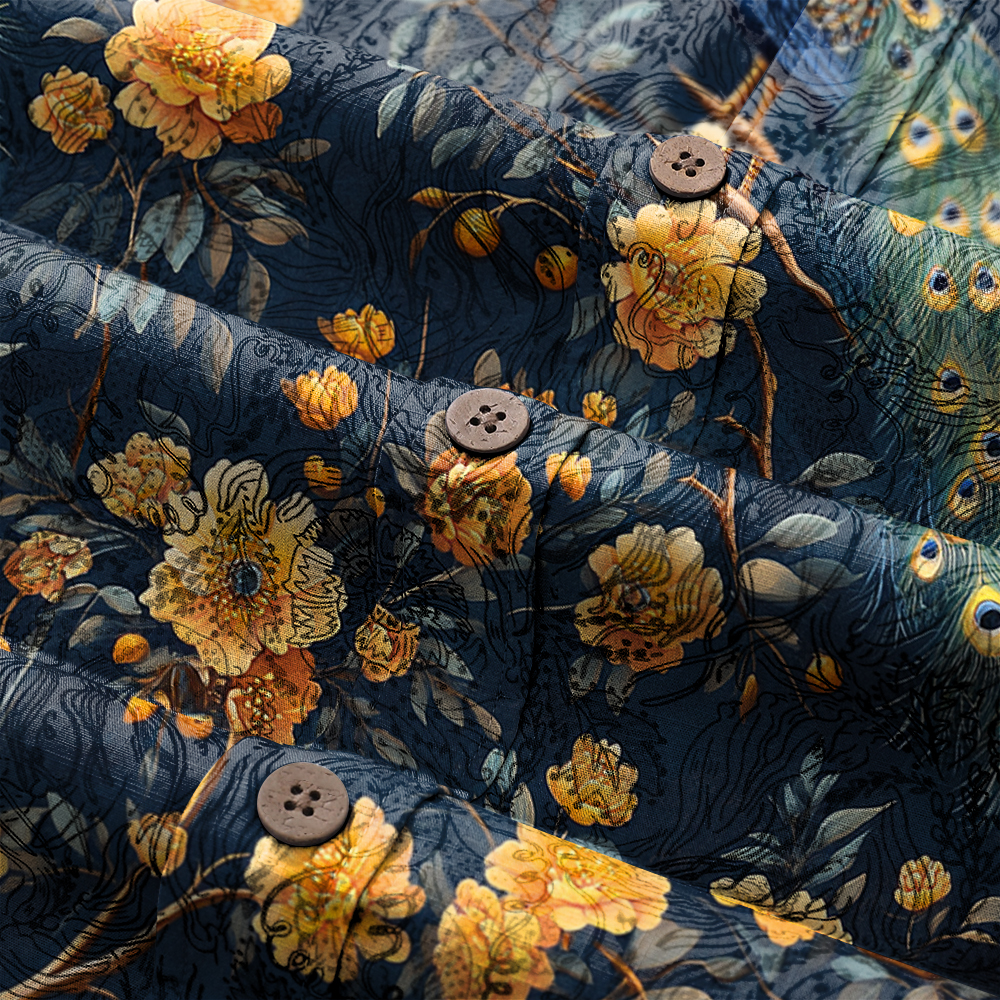 Men's Mid Cotton Button-down Aloha Shirt fashion printed pattern long-sleeved Shirt