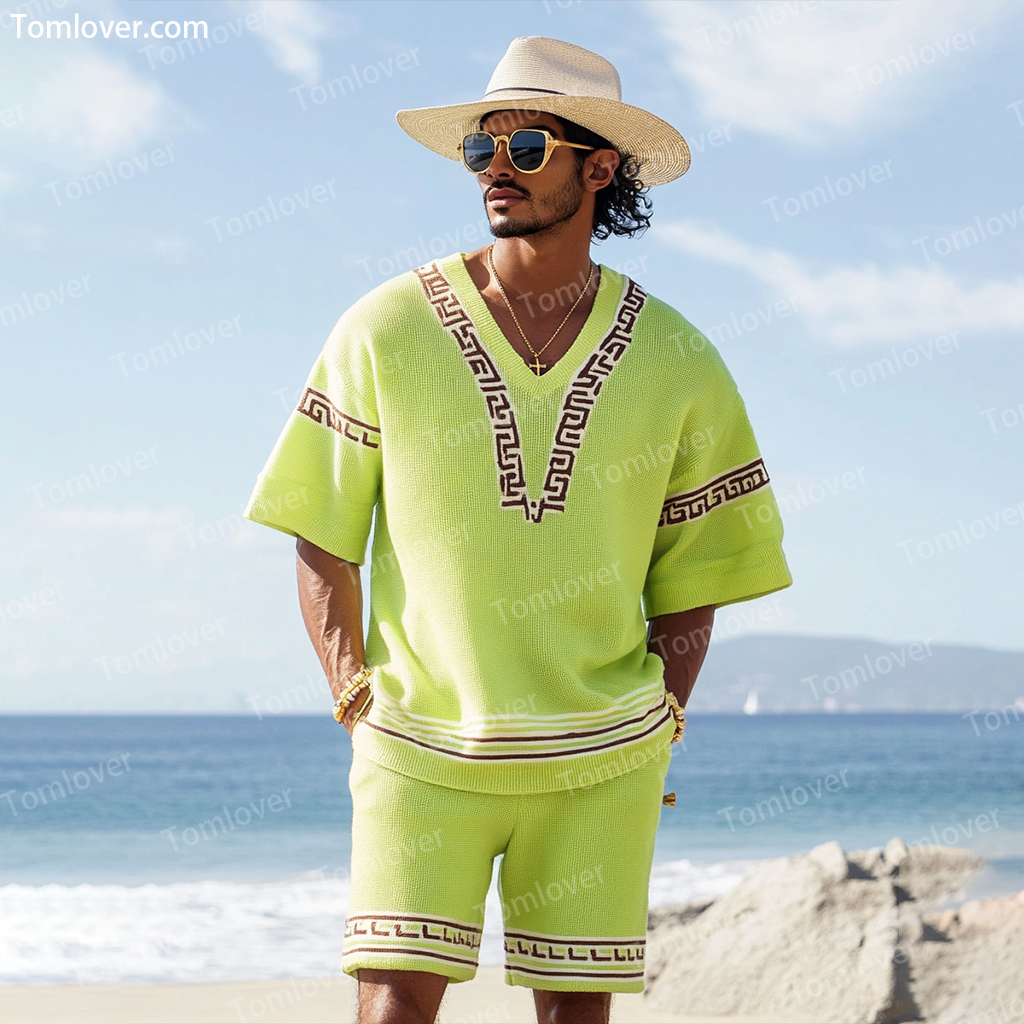 Men's V-neck luxury textured print shorts Set