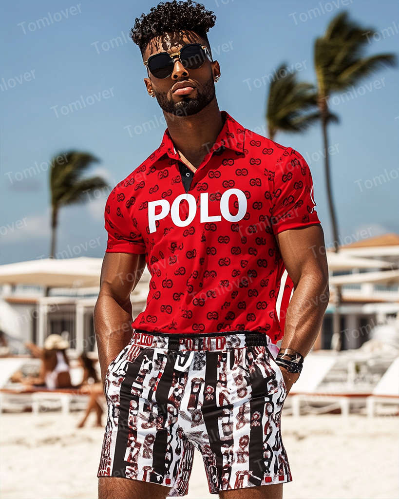 Men's Vintage Beige Splicing Print POLO Short Sleeve Shorts Suit