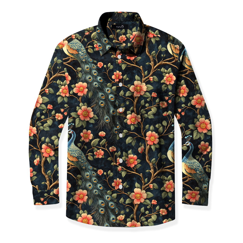 Men's Mid Cotton Button-down Aloha Shirt fashion printed pattern long-sleeved Shirt