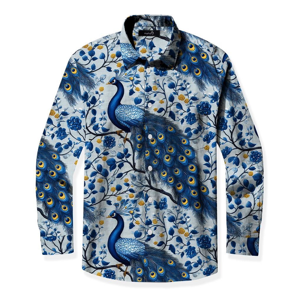 Men's Mid Cotton Button-down Aloha Shirt fashion printed pattern long-sleeved Shirt