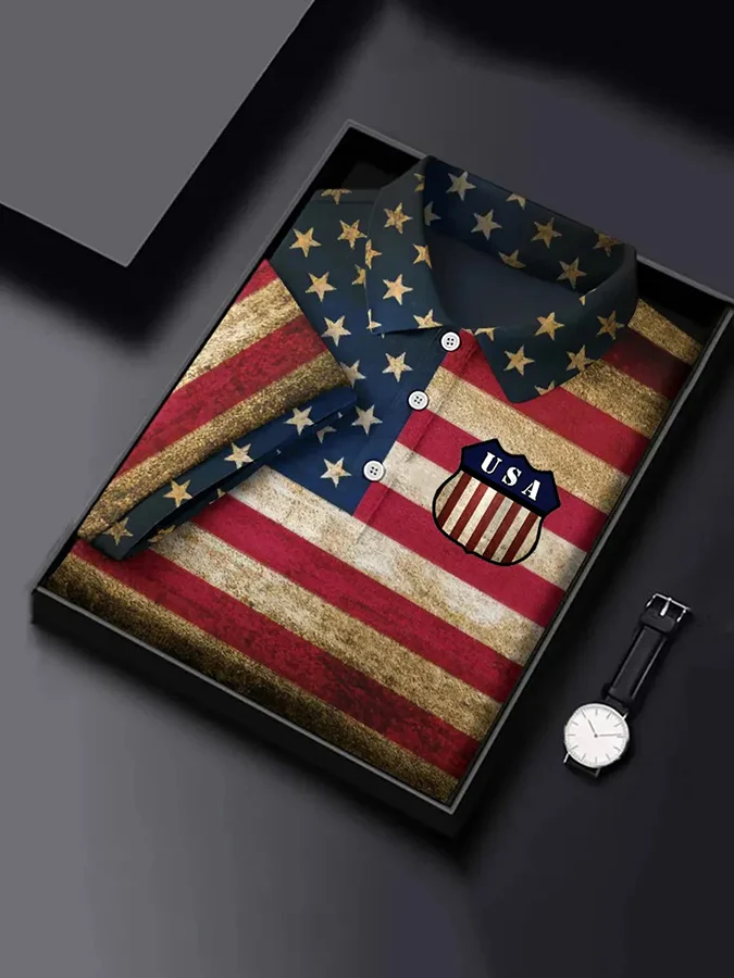 Men's Business Casual Independence Day Striped Button Short Sleeve Polo Shirt