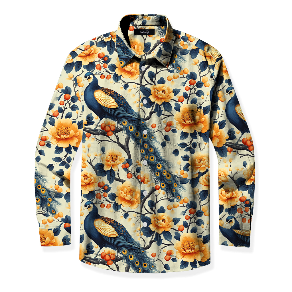 Men's Mid Cotton Button-down Aloha Shirt fashion printed pattern long-sleeved Shirt