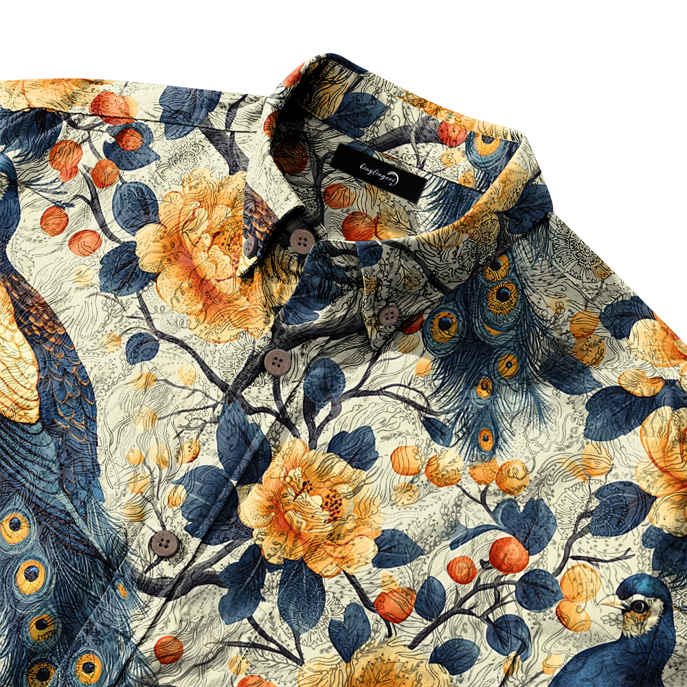 Men's Mid Cotton Button-down Aloha Shirt fashion printed pattern long-sleeved Shirt