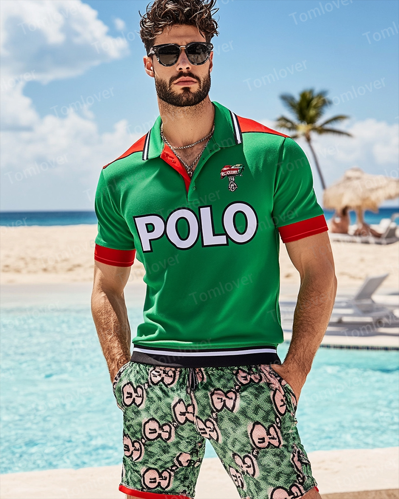 Men's Vintage Beige Splicing Print POLO Short Sleeve Shorts Suit