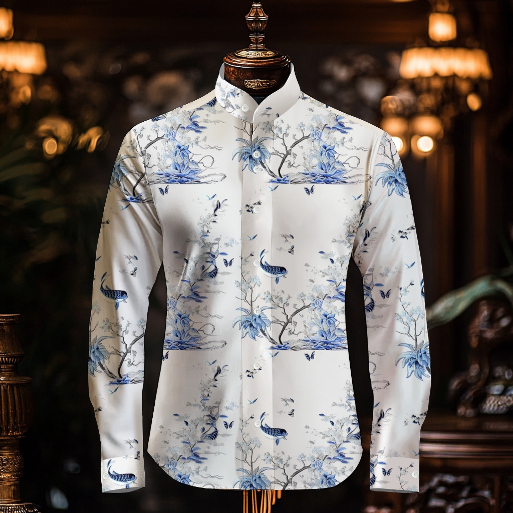 Luxury Business VIP Exclusive Designer unique Luxe Collection Chinese Wind Fish Playing in the Woods longsleeve  stand-up collar Shirt High Elasticity
