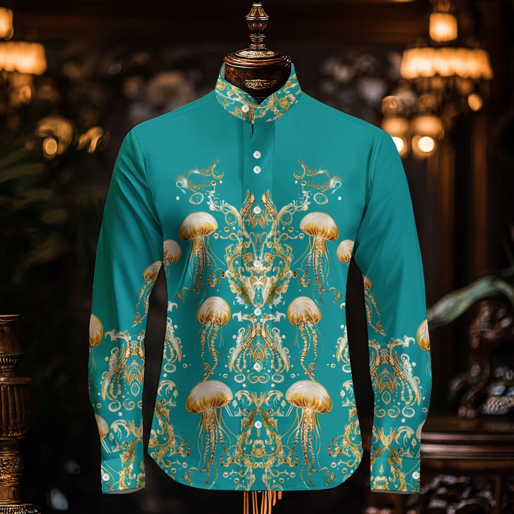 Luxury Business VIP Exclusive Designer unique Luxe Collection Underwater World Octopus  longsleeve  stand-up collar Shirt High Elasticity