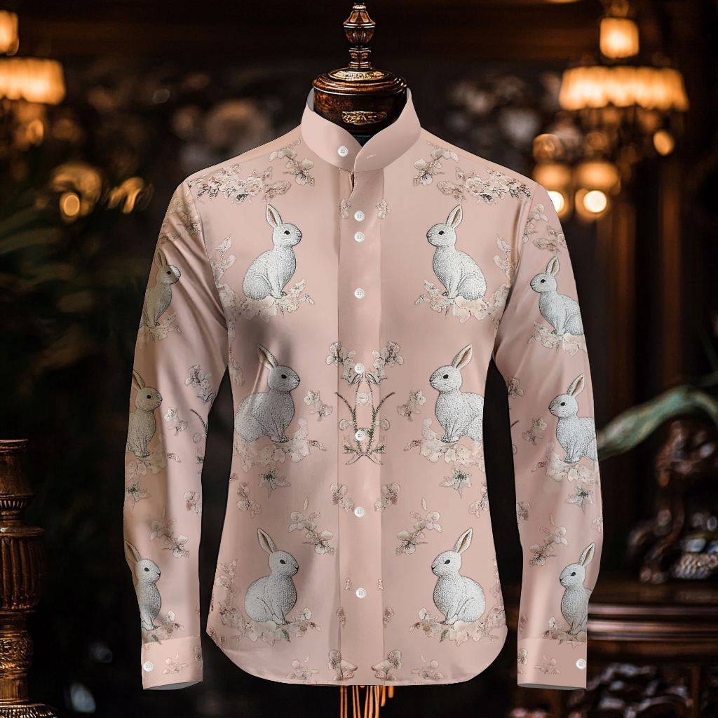Luxury Business VIP Exclusive Designer unique Luxe Collection Cute rabbit dopamine  pink longsleeve  stand-up collar Shirt High Elasticity