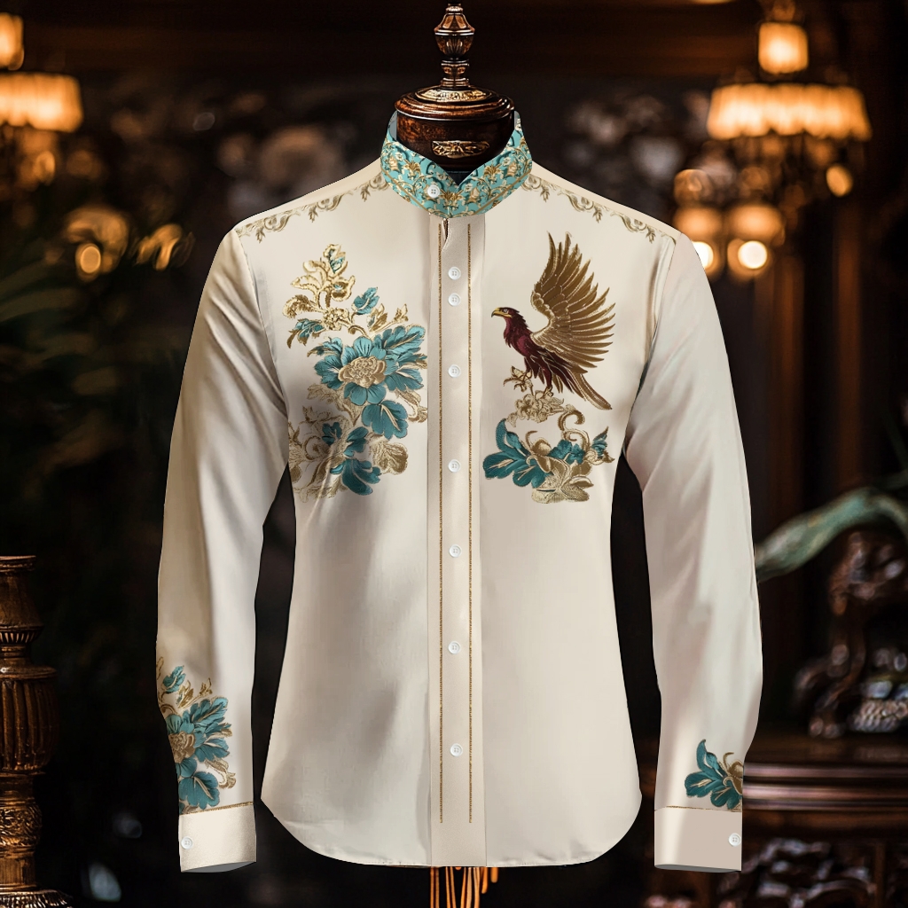  Luxury Business VIP Exclusive Designer unique Luxe Collection Chinese style longsleeve  stand-up collar Shirt High Elasticity