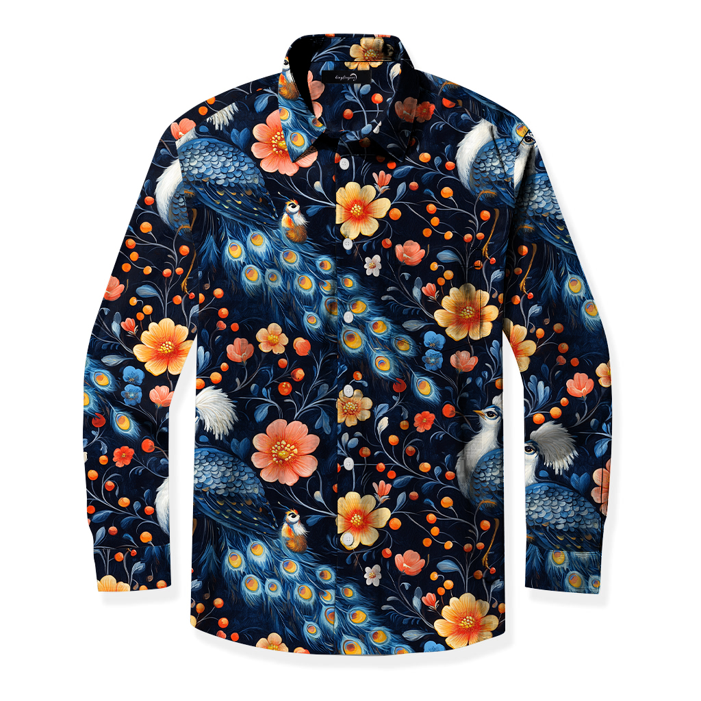 Men's Mid Cotton Button-down Aloha Shirt fashion printed pattern long-sleeved Shirt