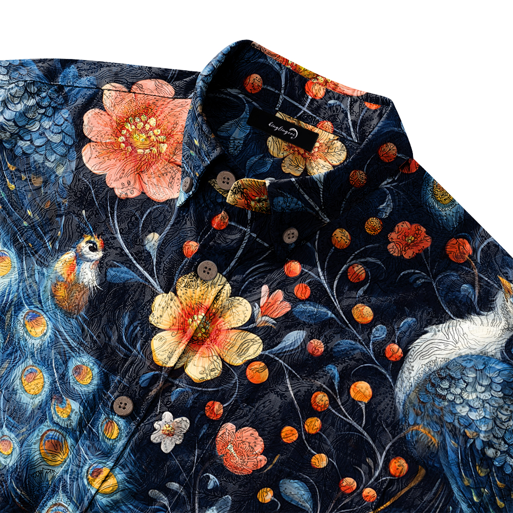 Men's Mid Cotton Button-down Aloha Shirt fashion printed pattern long-sleeved Shirt