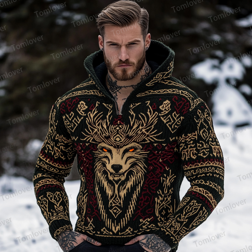 Men's Viking Wolf Inspired Celtic Chunky Hooded Sweater