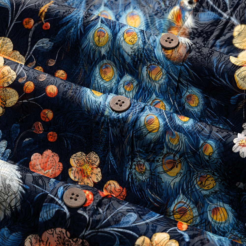 Men's Mid Cotton Button-down Aloha Shirt fashion printed pattern long-sleeved Shirt