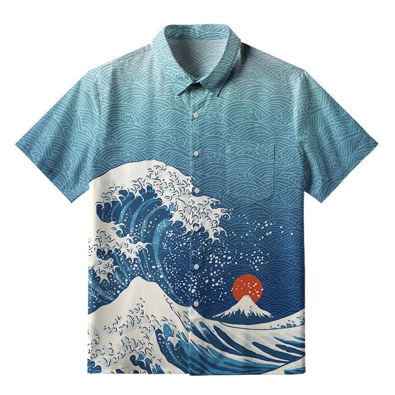 Soft High Elasticity Casual Tropical Ocean Wave Print Short Sleeve Breathable Shirt