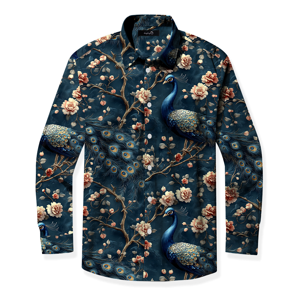 Men's Mid Cotton Button-down Aloha Shirt fashion printed pattern long-sleeved Shirt