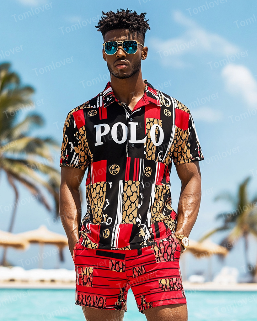 Men's Vintage Beige Splicing Print POLO Short Sleeve Shorts Suit