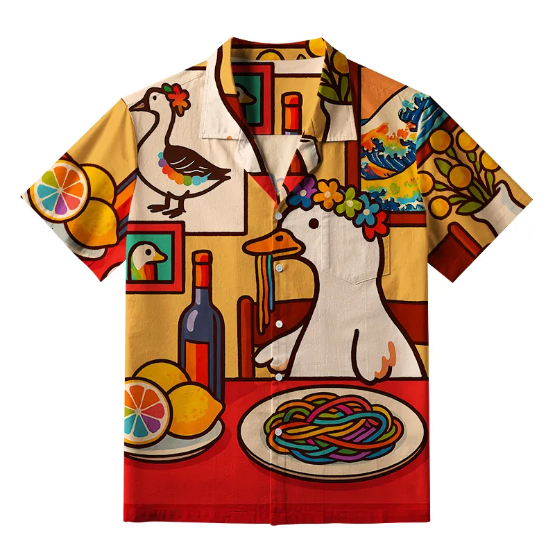 Soft High Elasticity Casual Tropical  More Spaghetti Less Upsetti Goose Aloha Hawaiian Shirt