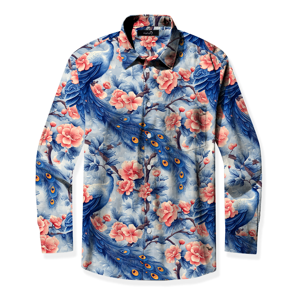 Men's Mid Cotton Button-down Aloha Shirt fashion printed pattern long-sleeved Shirt