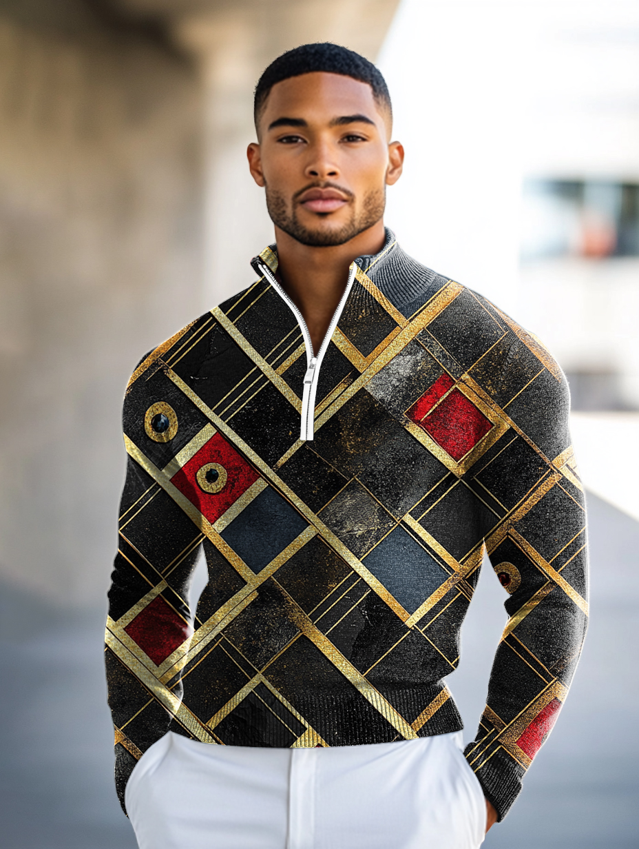 Luxe Men's Fashion Stand Collar Cardigan Sweater Knit Jacket