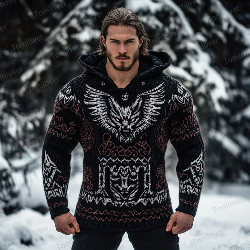Men's Viking Wolf Inspired Celtic Chunky Hooded Sweater