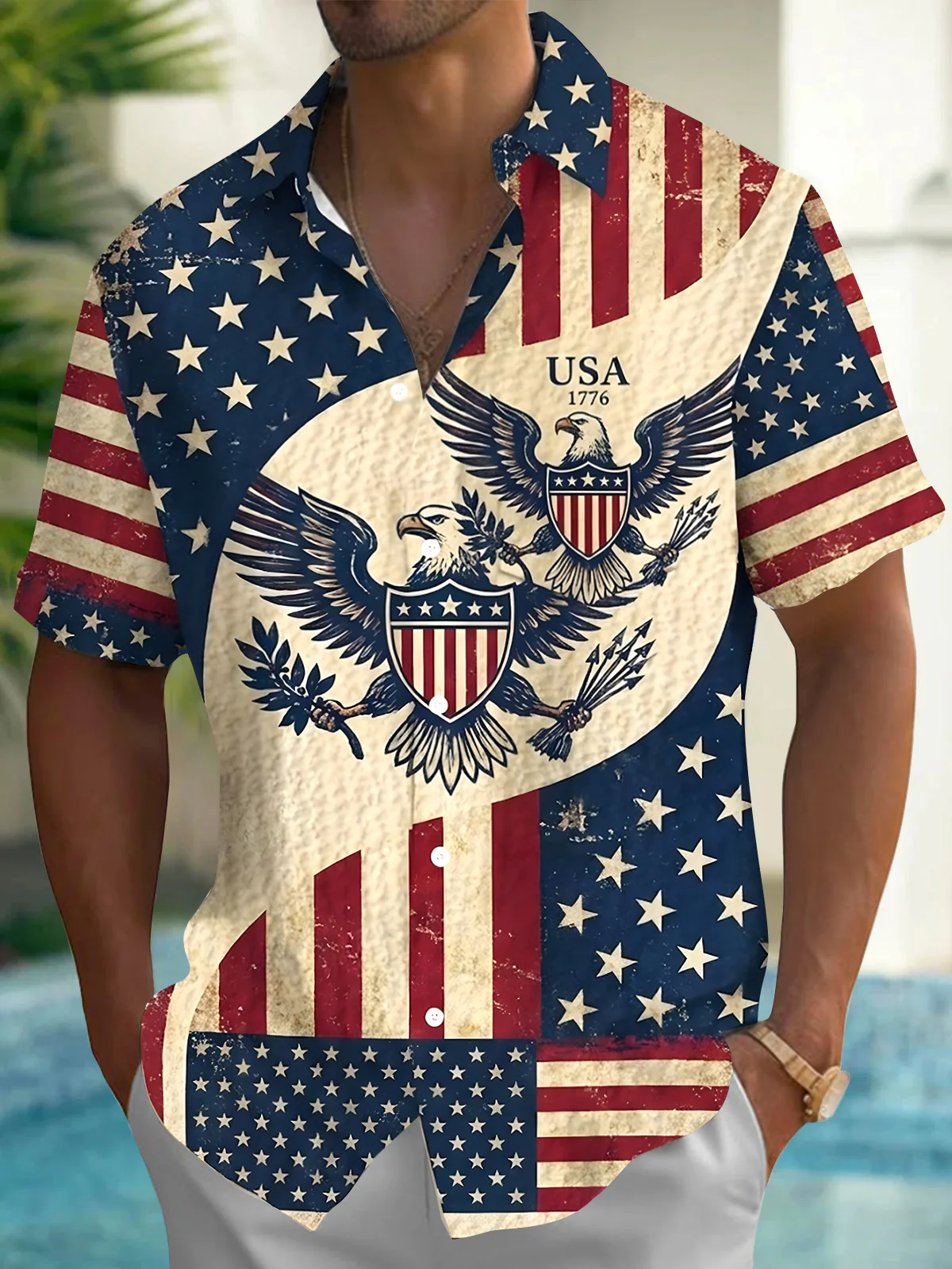 Soft High Elasticity Casual Regular Independence Day American Flag  Hawaiian Shirt