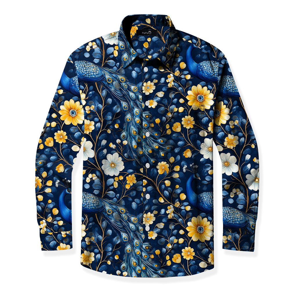 Men's Mid Cotton Button-down Aloha Shirt fashion printed pattern long-sleeved Shirt