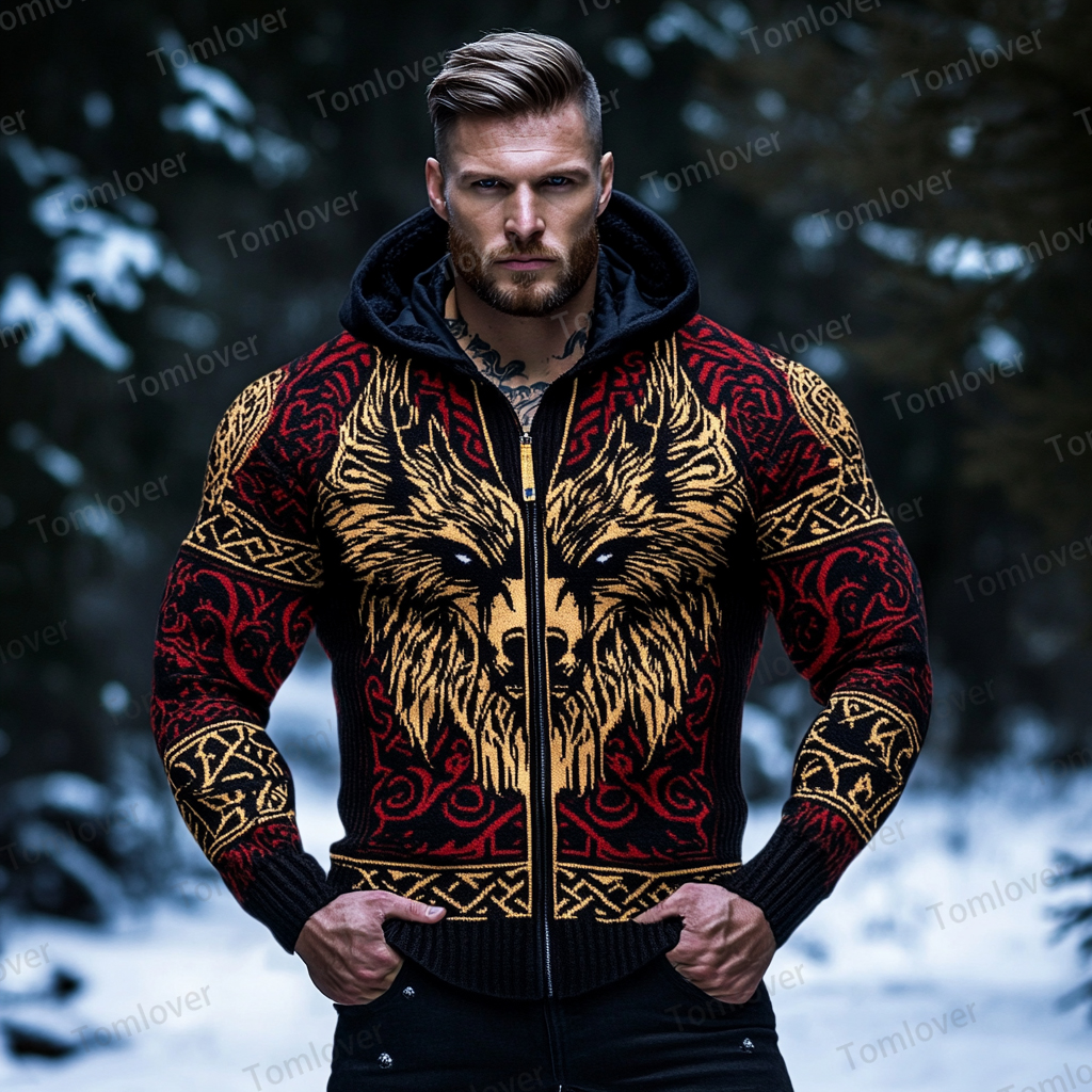 Men's Viking Wolf Inspired Celtic Chunky Hooded Sweater