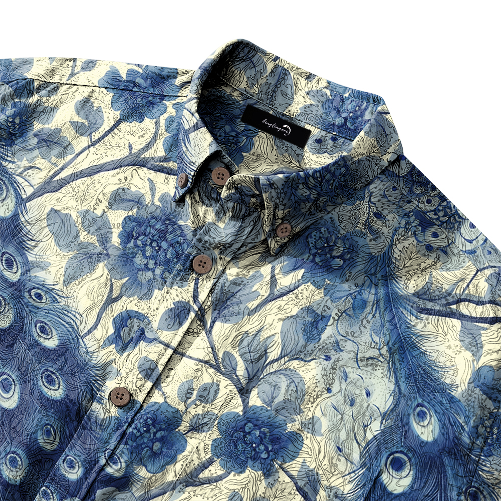 Men's Mid Cotton Button-down Aloha Shirt fashion printed pattern long-sleeved Shirt