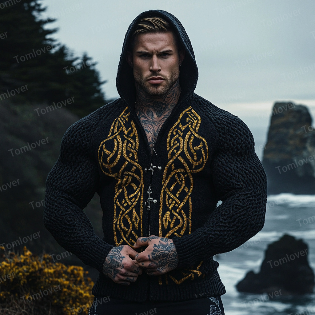 Men's Viking Wolf Inspired Celtic Chunky Hooded Sweater