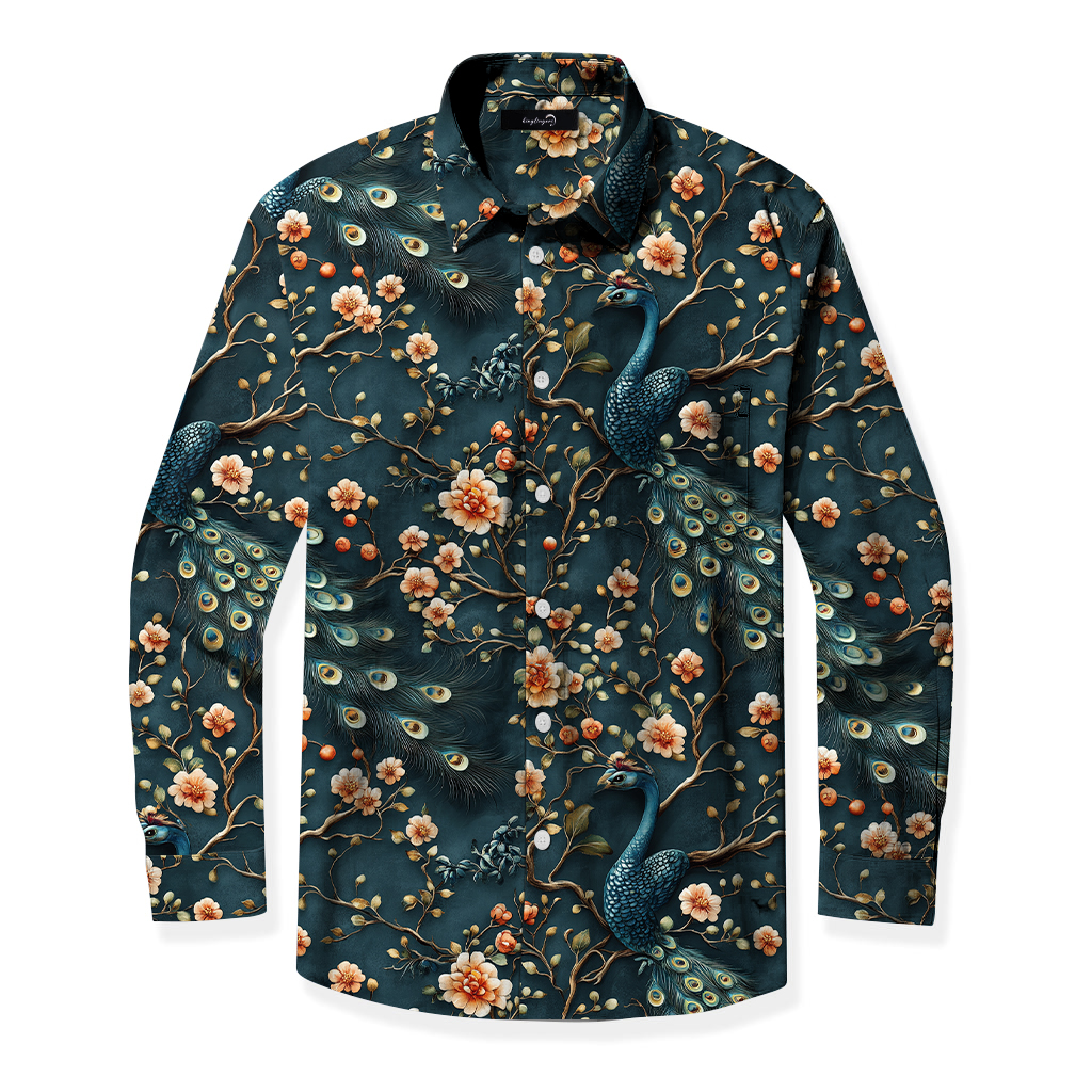 Men's Mid Cotton Button-down Aloha Shirt fashion printed pattern long-sleeved Shirt