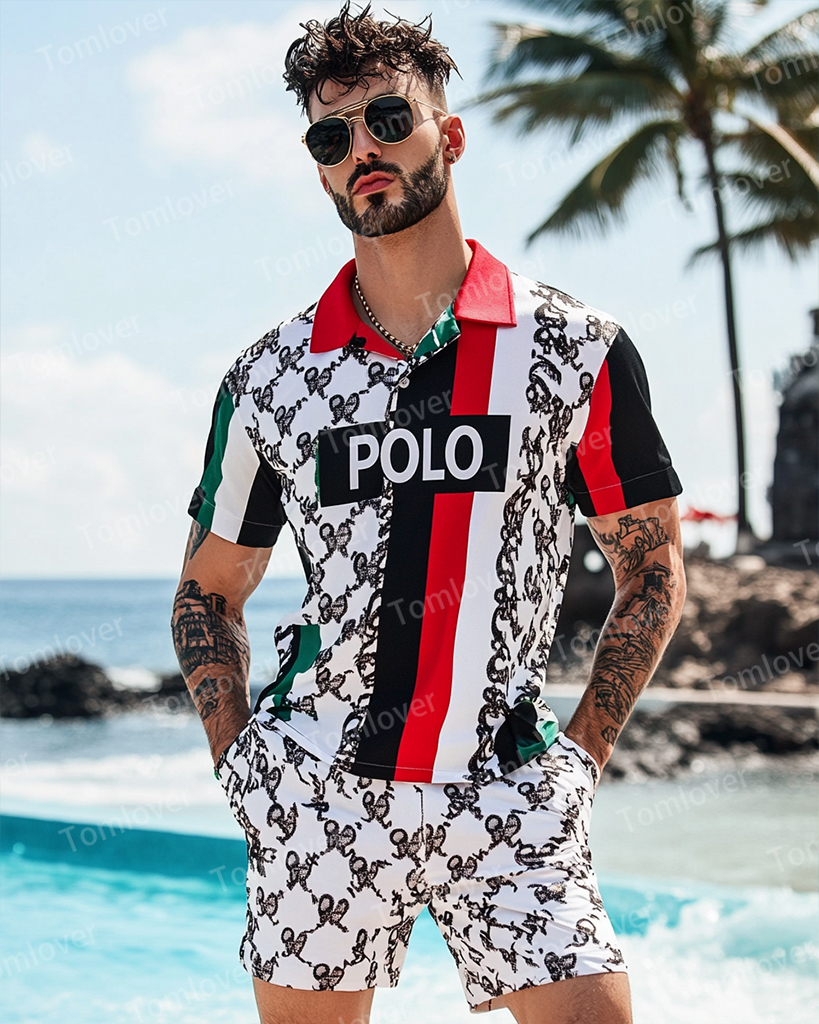 Men's Vintage Beige Splicing Print POLO Short Sleeve Shorts Suit