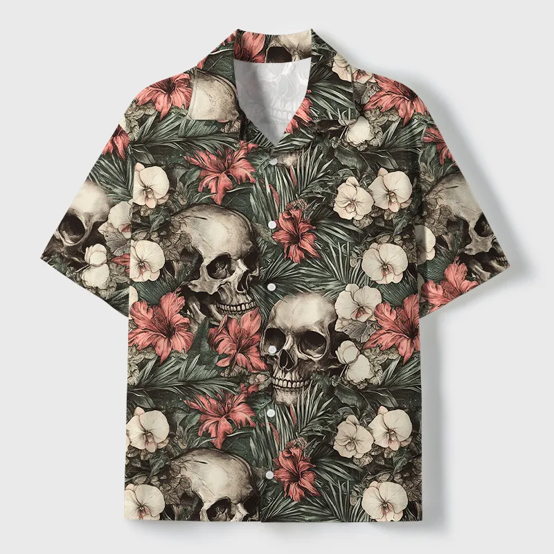 Soft High Elasticity Casual Skulls And Blooms Cuban Collar Hawaiian Shirt
