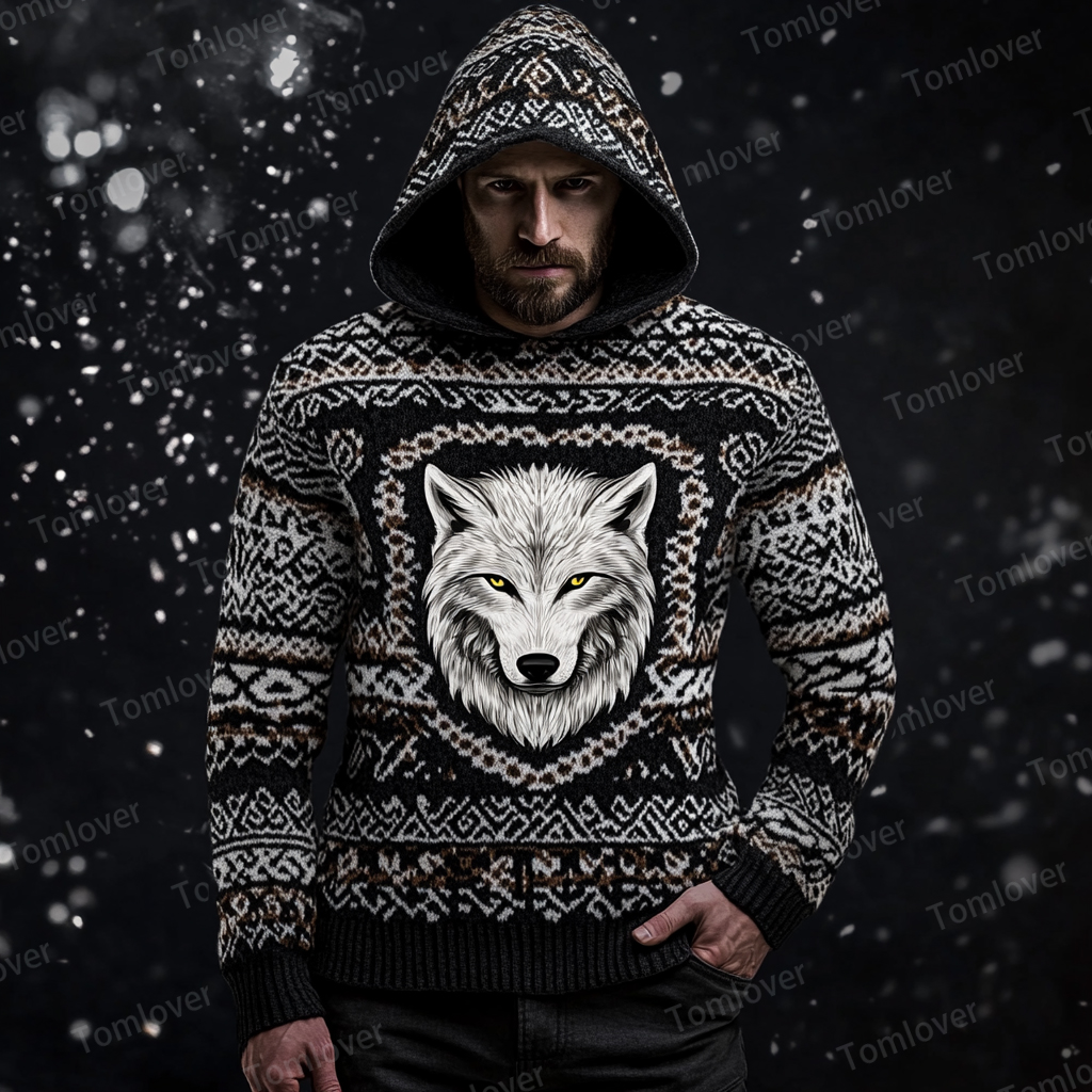 Men's Viking Wolf Inspired Celtic Chunky Hooded Sweater