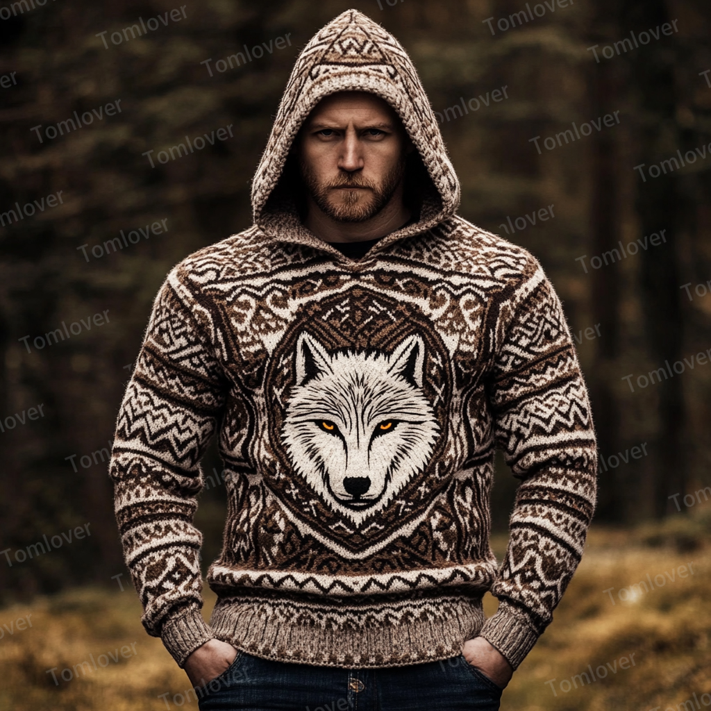 Men's Viking Wolf Inspired Celtic Chunky Hooded Sweater