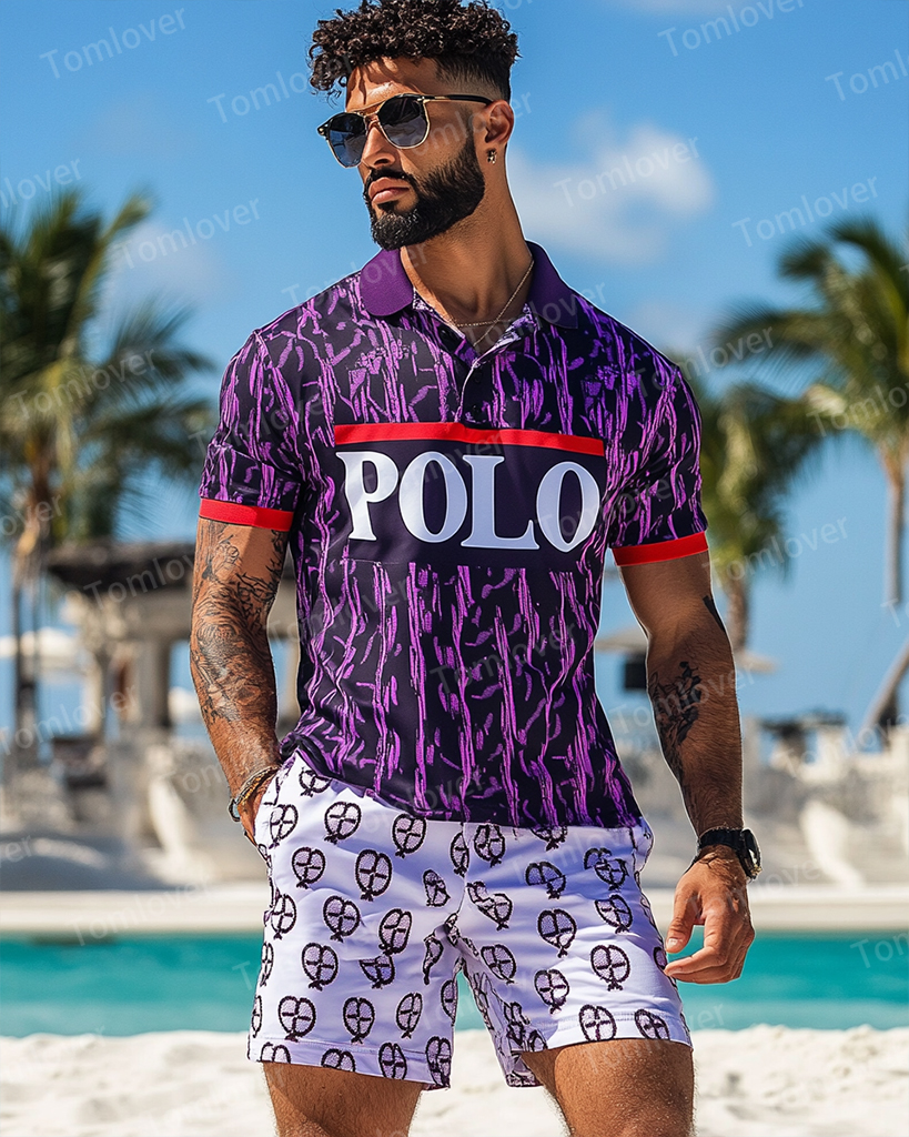 Men's Vintage Beige Splicing Print POLO Short Sleeve Shorts Suit