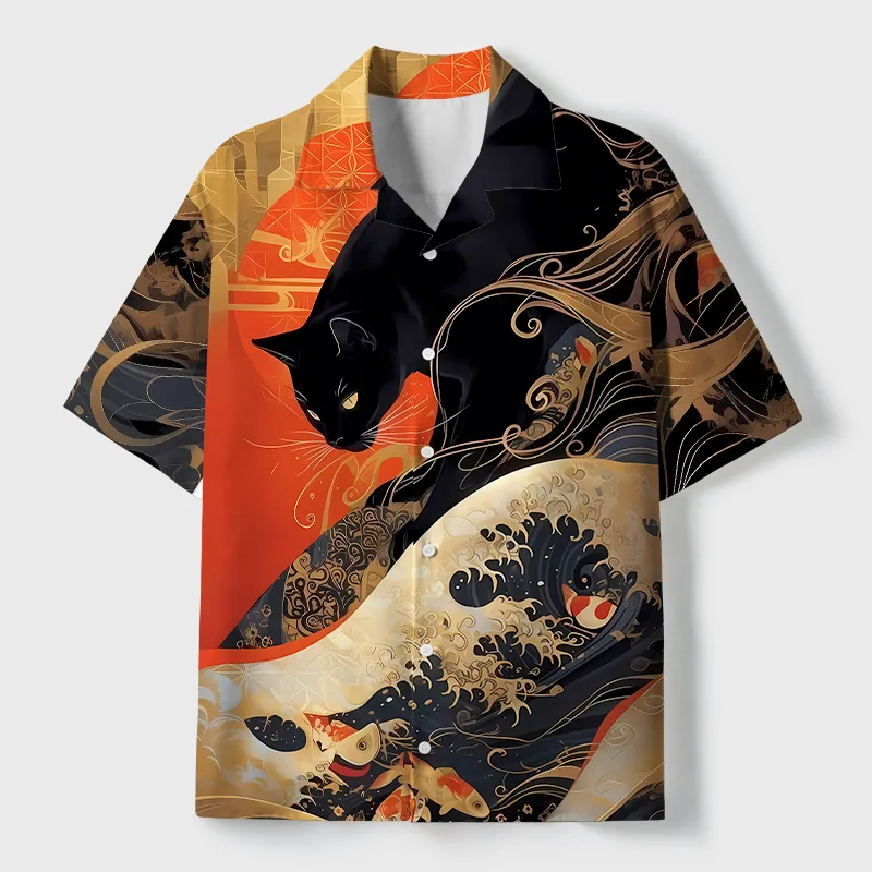 Soft High Elasticity Casual Tropical  Koi Wave Under The Black Cat Hawaiian Shirt