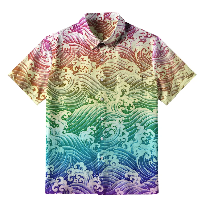 Soft High Elasticity Casual Tropical  Rainbow Wave Proud Kanagawa Wave Hawaiian Shirt