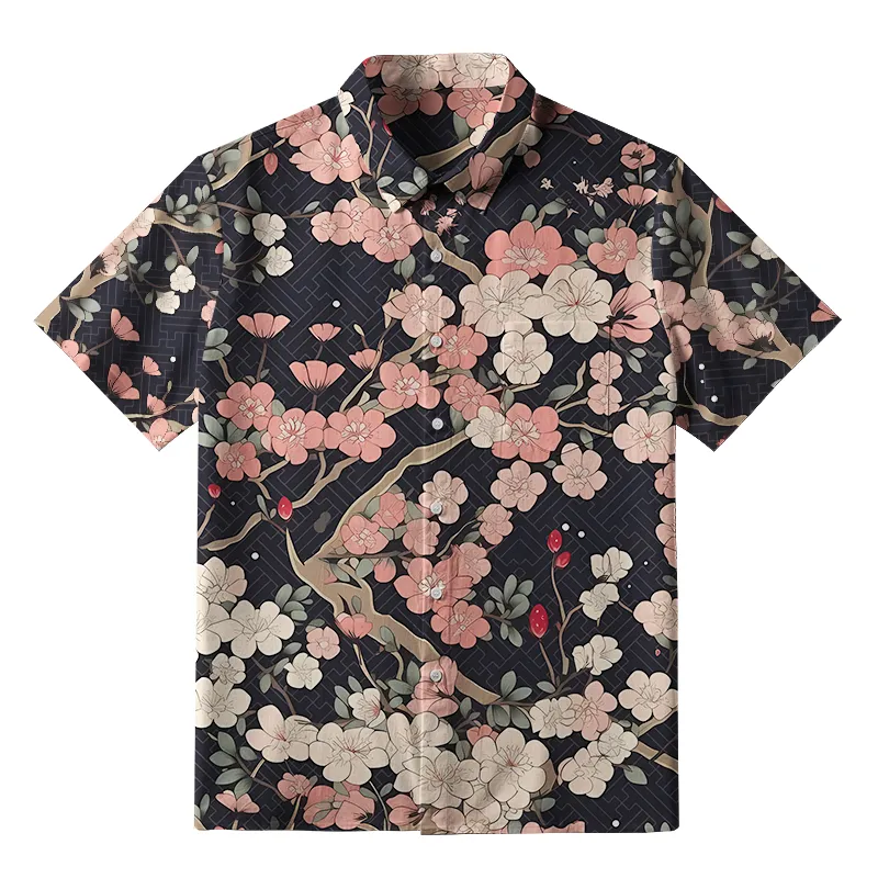 Soft High Elasticity Casual Tropical  Blooming Sakura Hawaiian Shirt