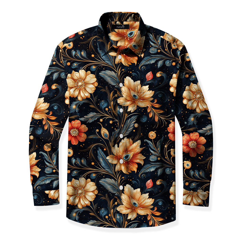 Men's Mid Cotton Button-down Aloha Shirt fashion printed pattern long-sleeved Shirt