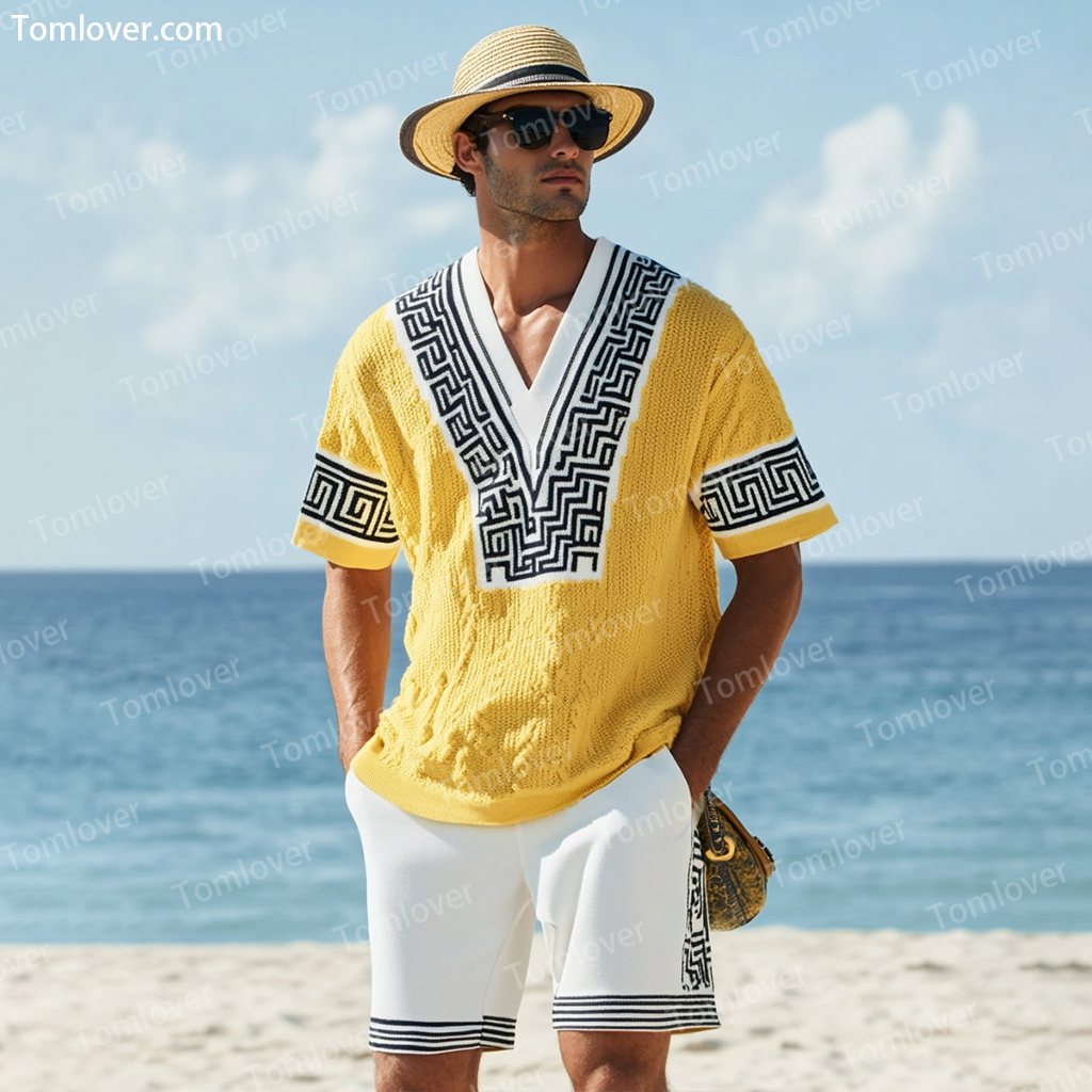 Men's V-neck luxury textured print shorts Set
