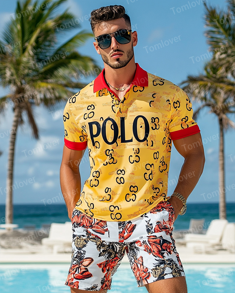 Men's Vintage Beige Splicing Print POLO Short Sleeve Shorts Suit