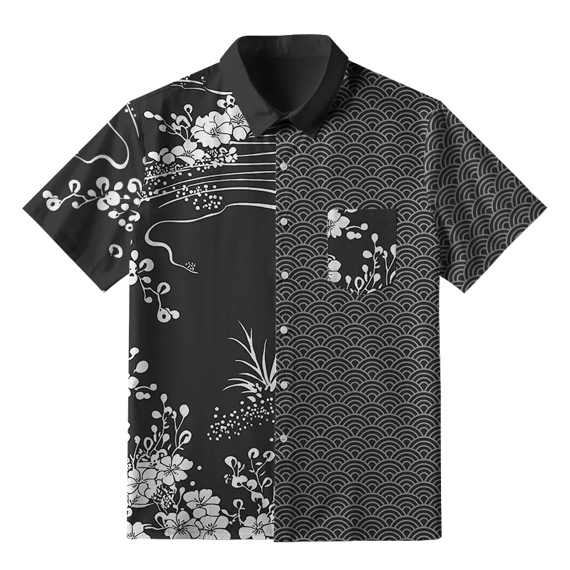 Soft High Elasticity Casual Tropical  Half Of The Wave  Shirt Hawaiian Shirt