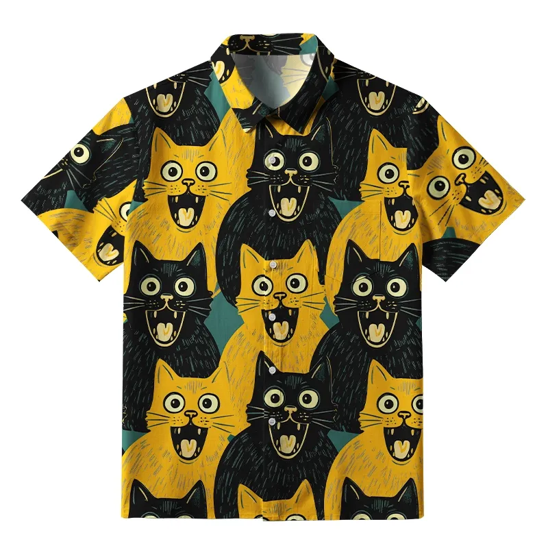 Soft High Elasticity Casual Tropical  Yellow Cat And Black Cat Hawaiian Shirt