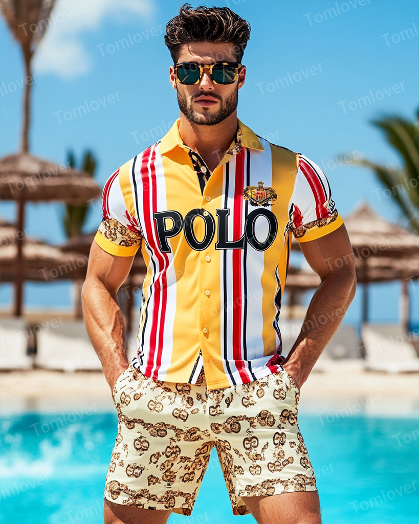 Men's Vintage Beige Splicing Print POLO Short Sleeve Shorts Suit