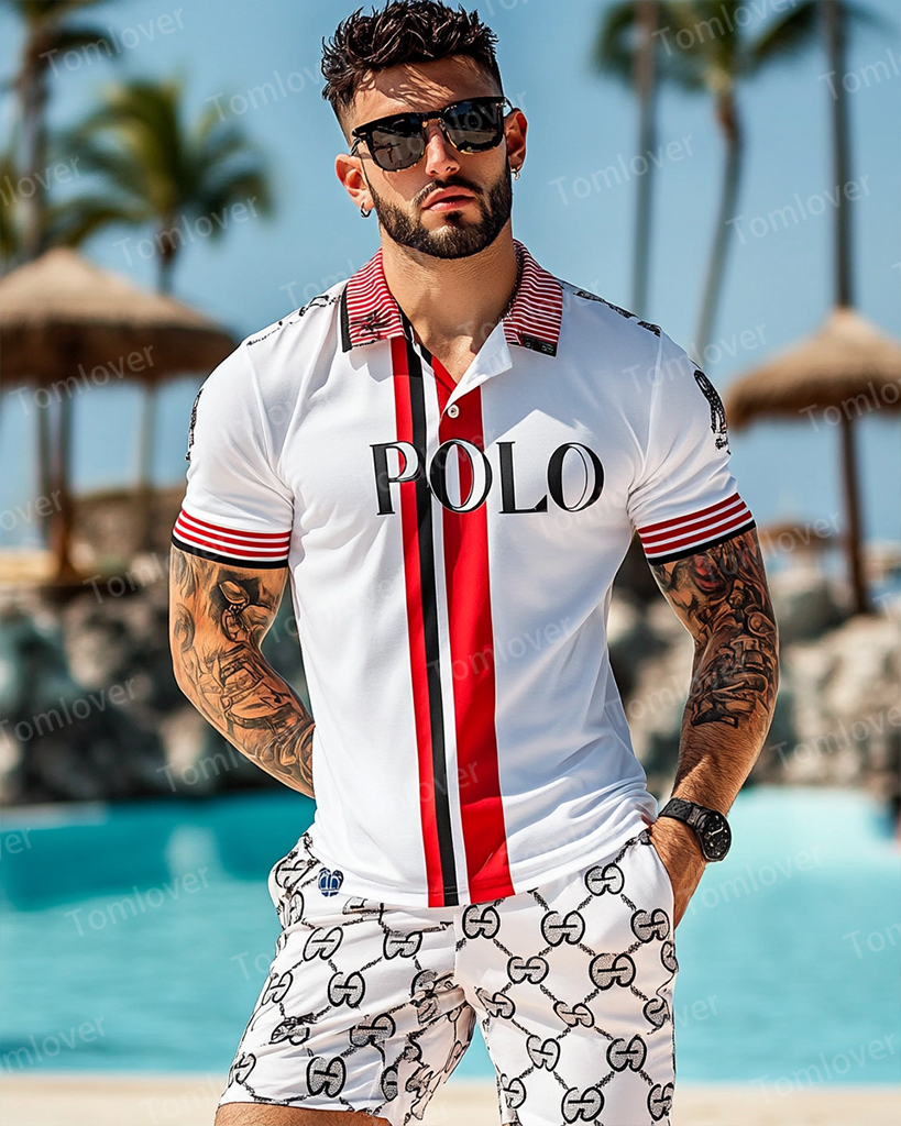 Men's Vintage Beige Splicing Print POLO Short Sleeve Shorts Suit