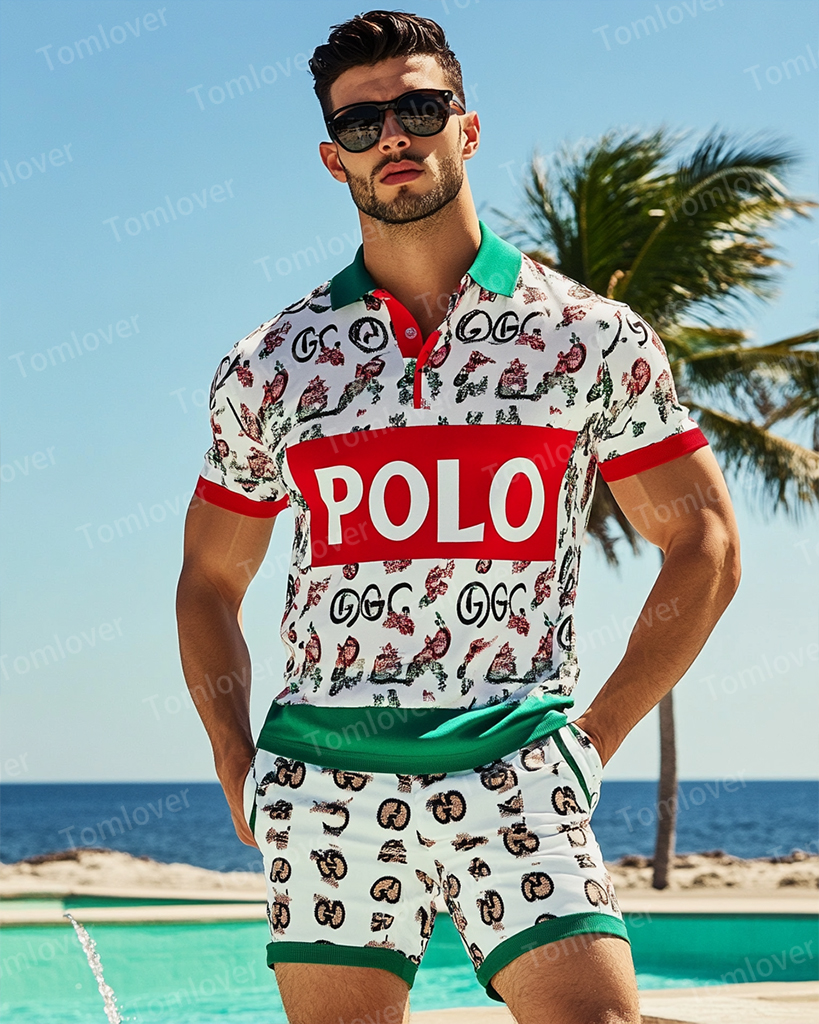 Men's Vintage Beige Splicing Print POLO Short Sleeve Shorts Suit