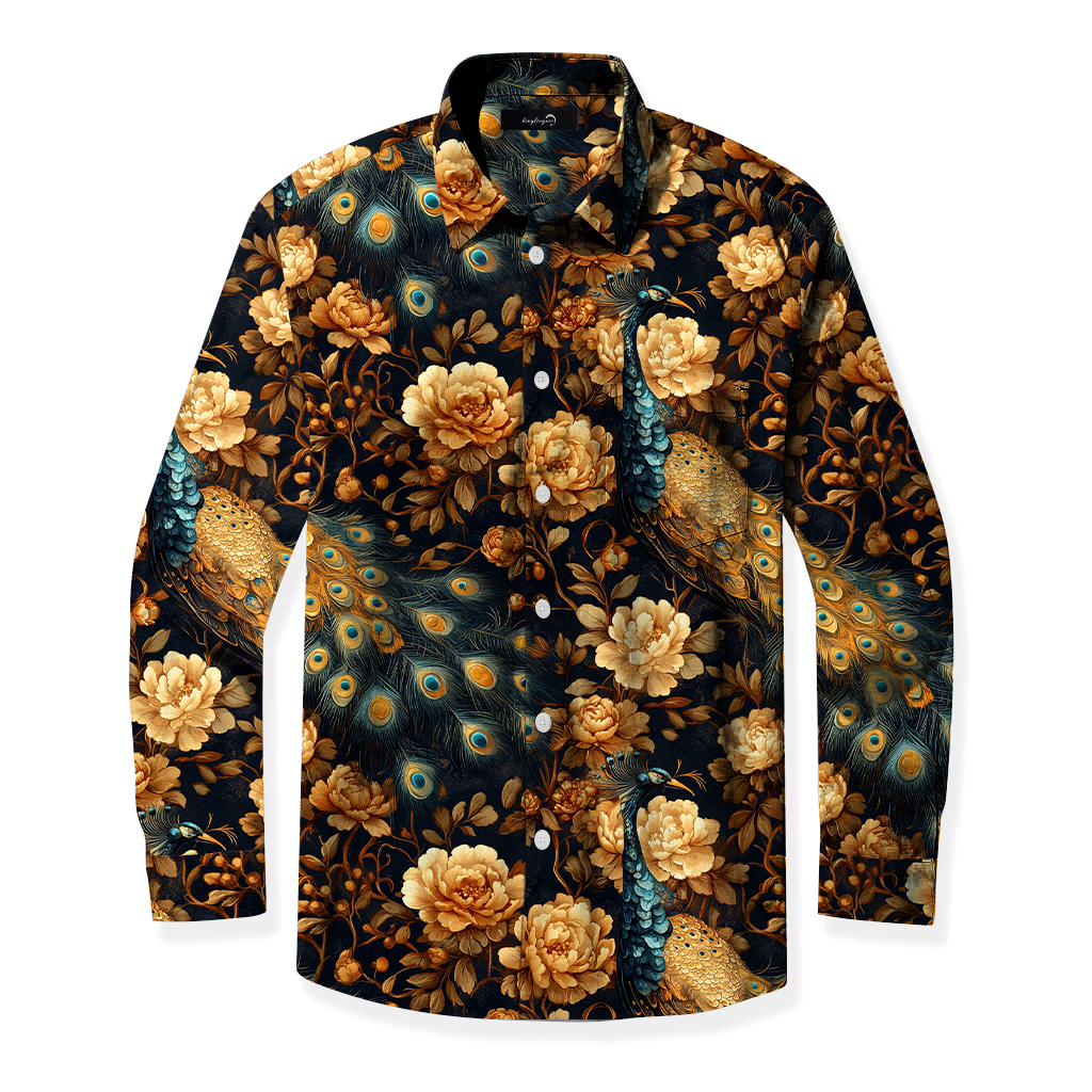 Men's Mid Cotton Button-down Aloha Shirt fashion printed pattern long-sleeved Shirt