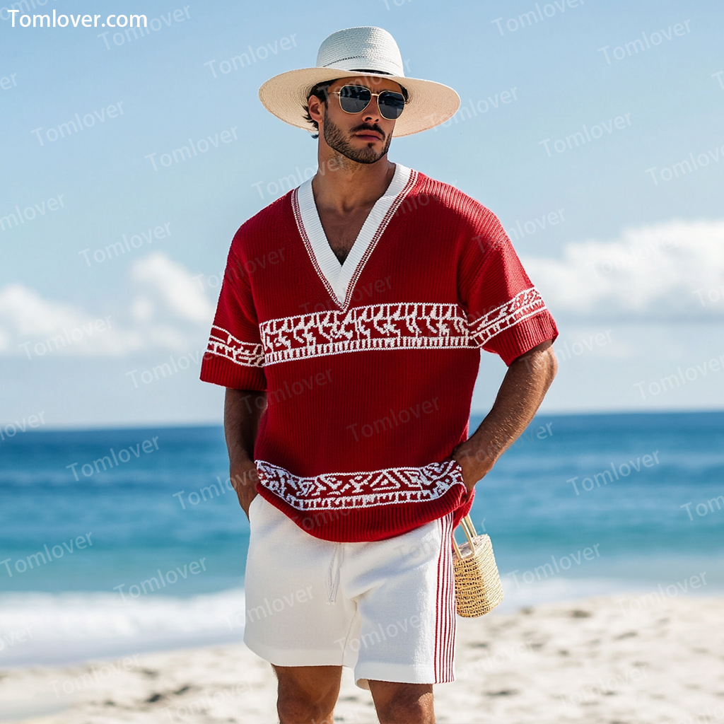 Men's V-neck luxury textured print shorts Set