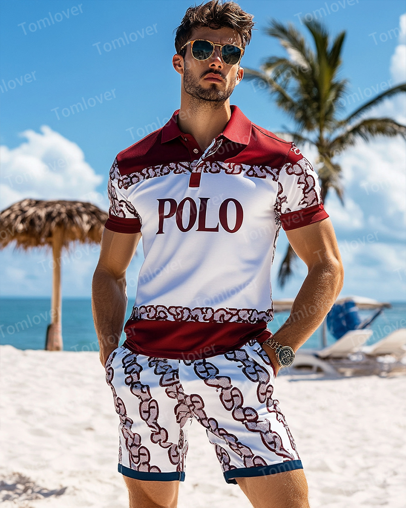 Men's Vintage Beige Splicing Print POLO Short Sleeve Shorts Suit