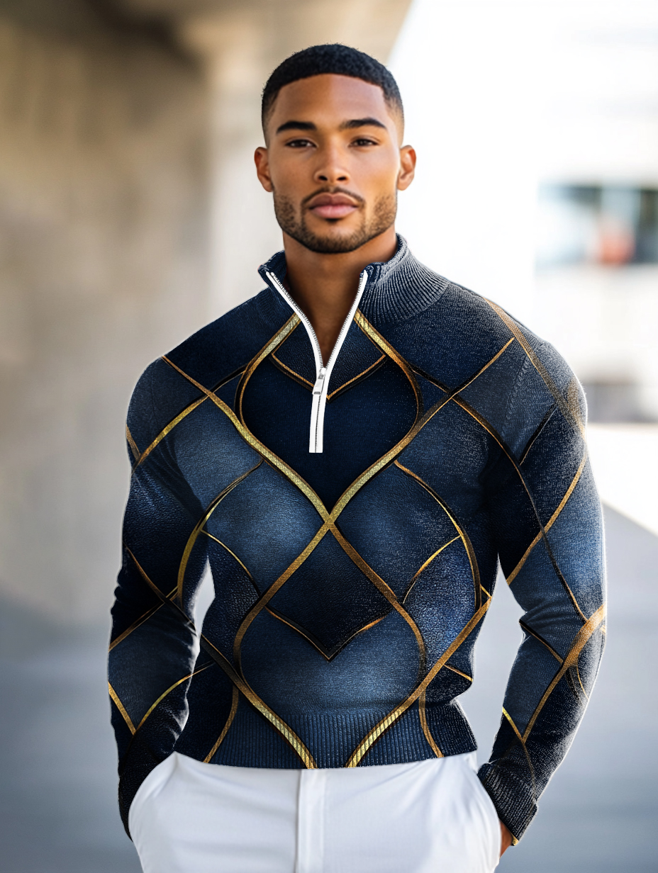 Luxe Men's Fashion Stand Collar Cardigan Sweater Knit Jacket